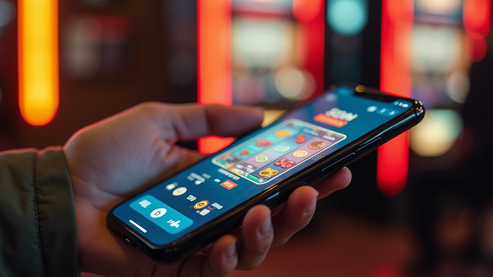 Close-up view of a hand holding a smartphone displaying a slot game demo