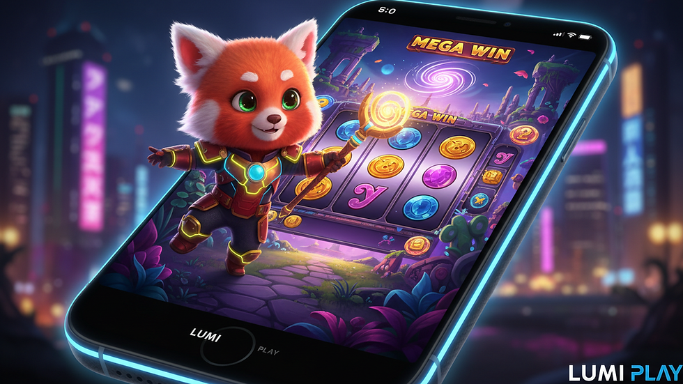 Close-up view of a smartphone displaying a slot game with colorful reels