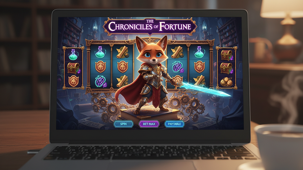 Eye-level view of a laptop screen showing an online slot game interface