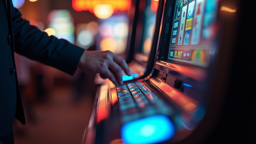 Close-up view of a hand pressing a button on a slot machine