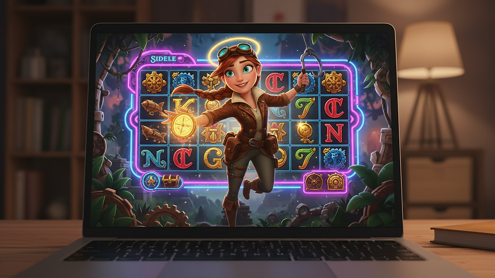 Eye-level view of a laptop screen showing an online slot game interface