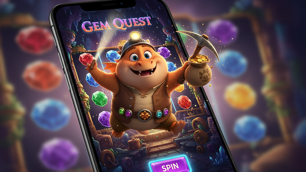 Close-up view of a smartphone displaying a slot game with colorful reels