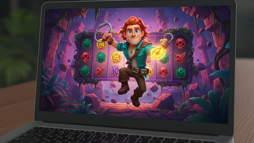 High angle view of a laptop displaying an online slot game