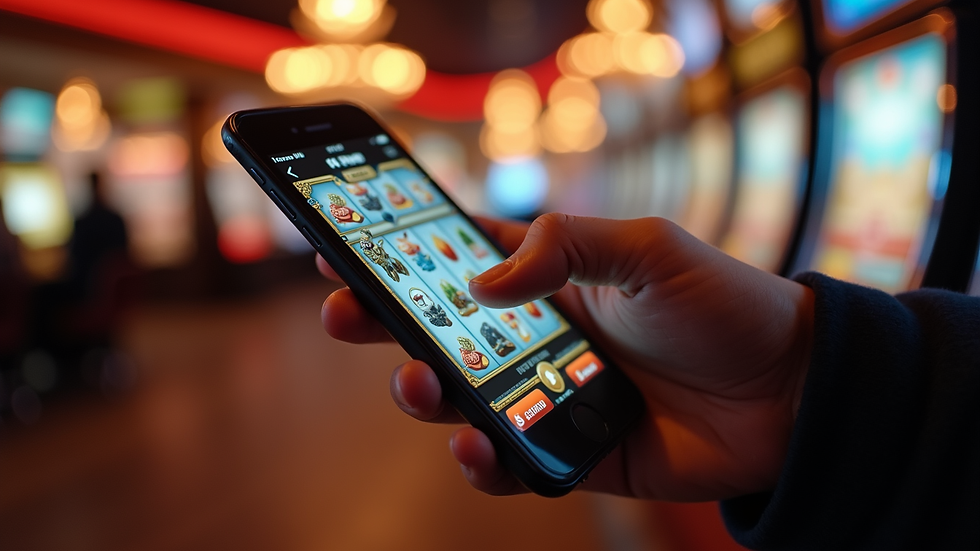 Eye-level view of a hand holding a smartphone with a slot game on screen
