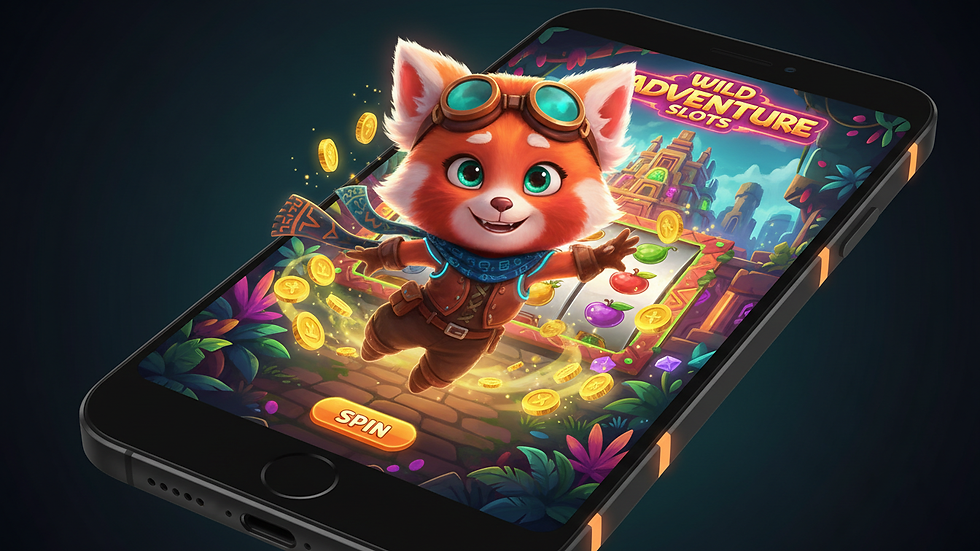 Close-up view of a smartphone displaying a colorful slot game with vibrant graphics