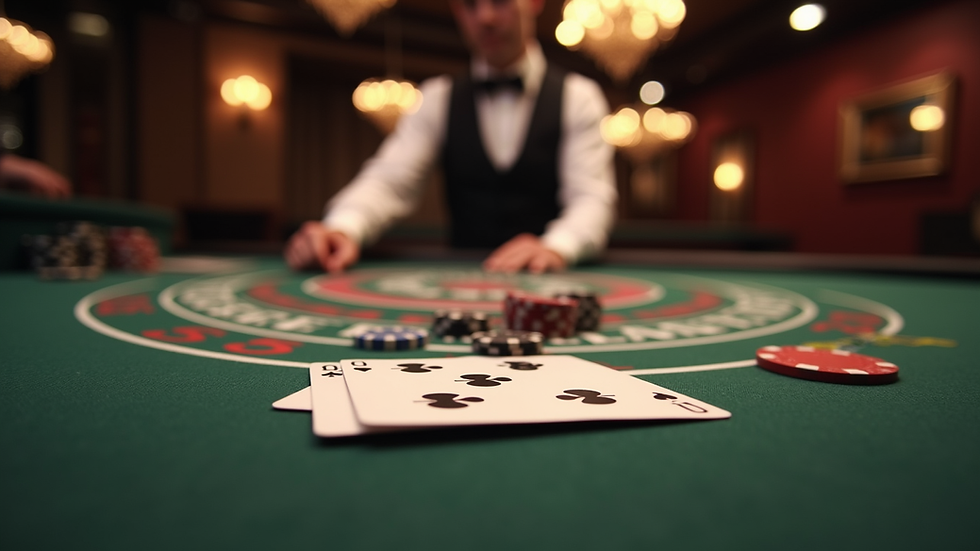 Eye-level view of baccarat table with cards and chips