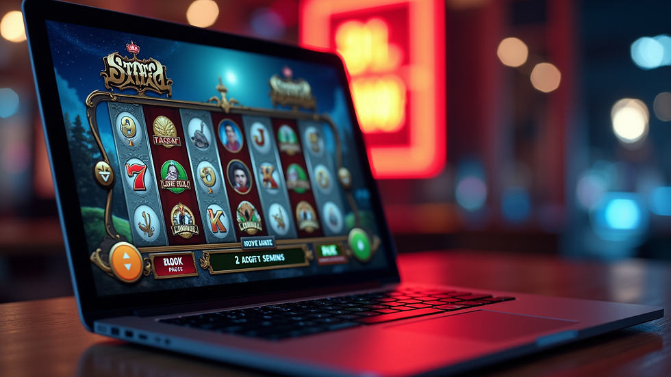 Eye-level view of a laptop screen showing an online slot game interface