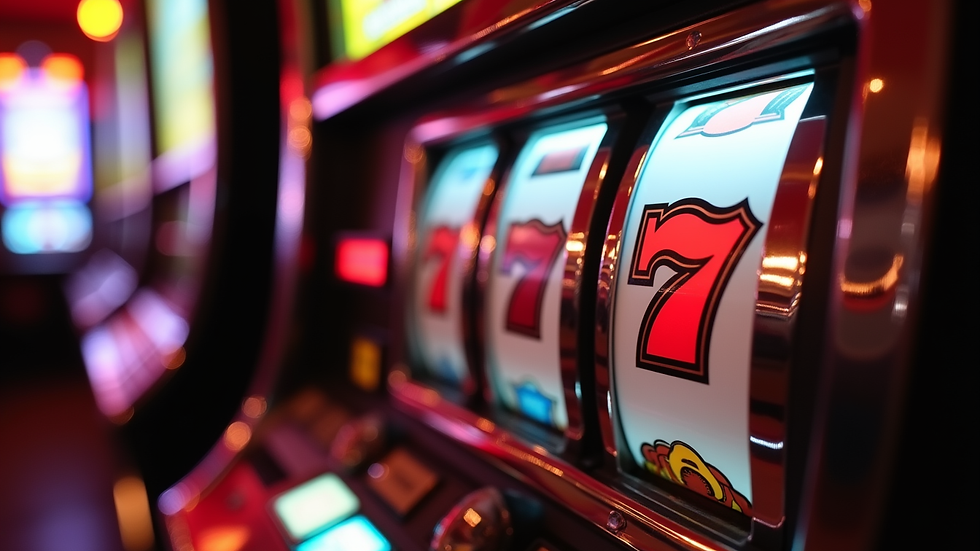 Eye-level view of slot machine reels showing winning combination
