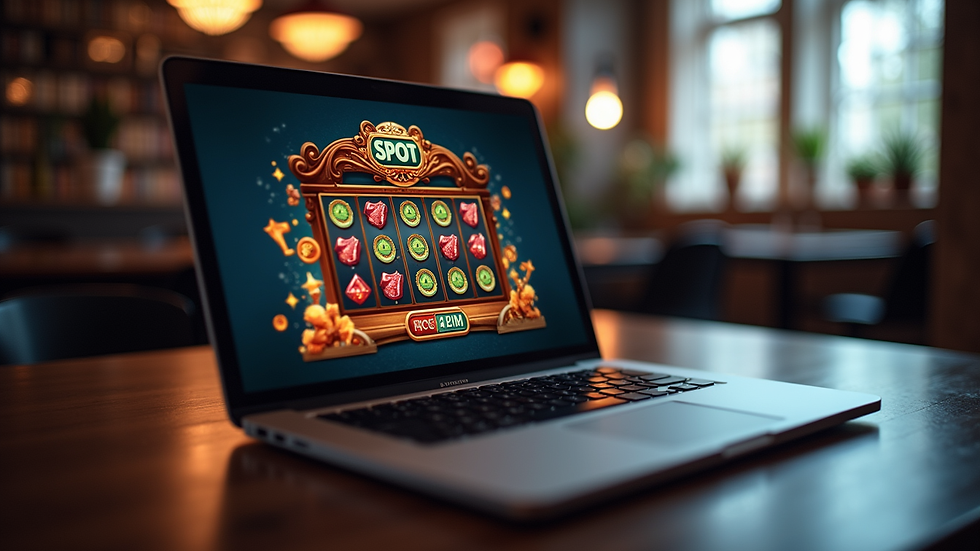 Eye-level view of a laptop screen showing an online slot game interface