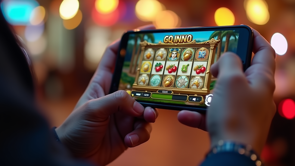 Close-up view of a hand holding a smartphone displaying an online slot game