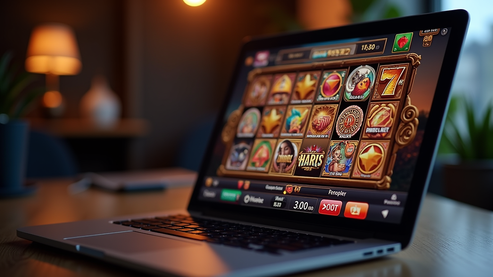 Eye-level view of a laptop screen showing an online slot game interface