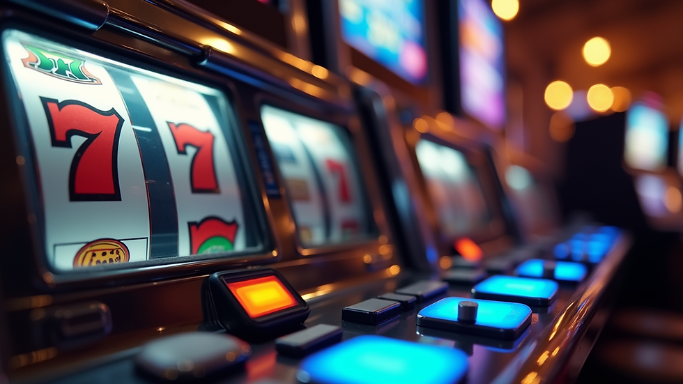 Eye-level view of slot machine reels with colorful symbols