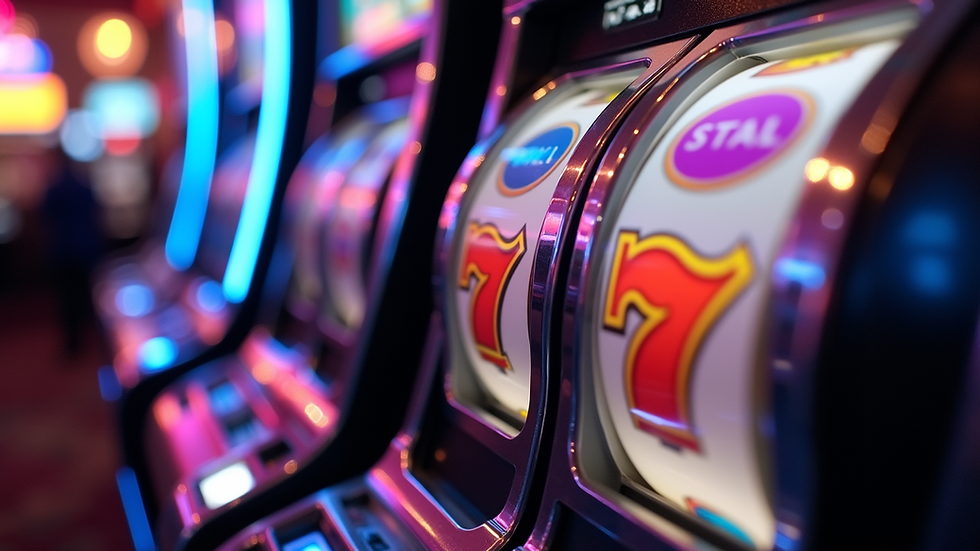 Eye-level view of slot machine reels with colorful symbols