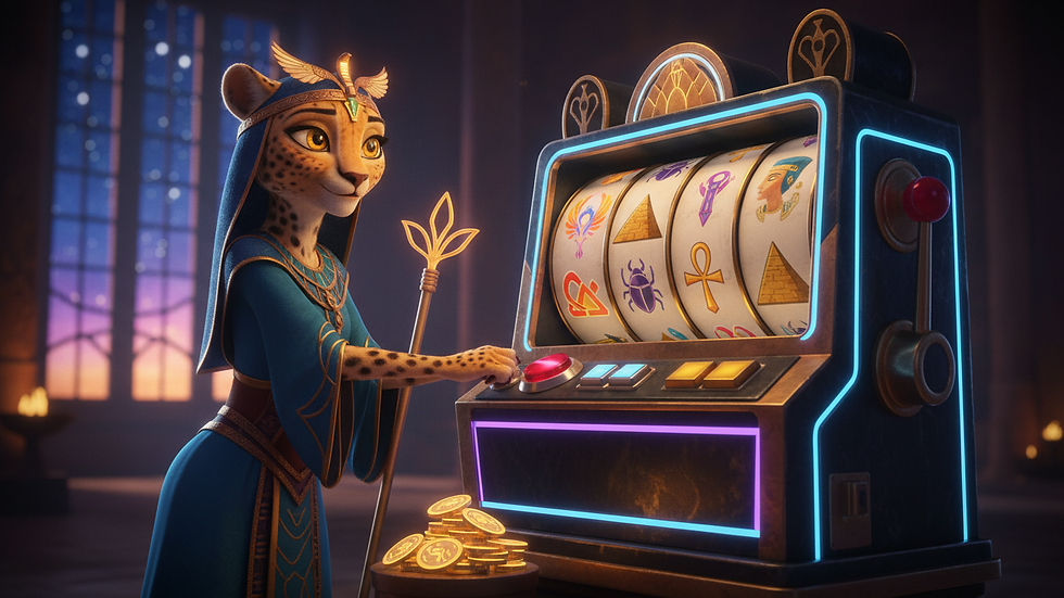 Eye-level view of a slot machine with colorful reels