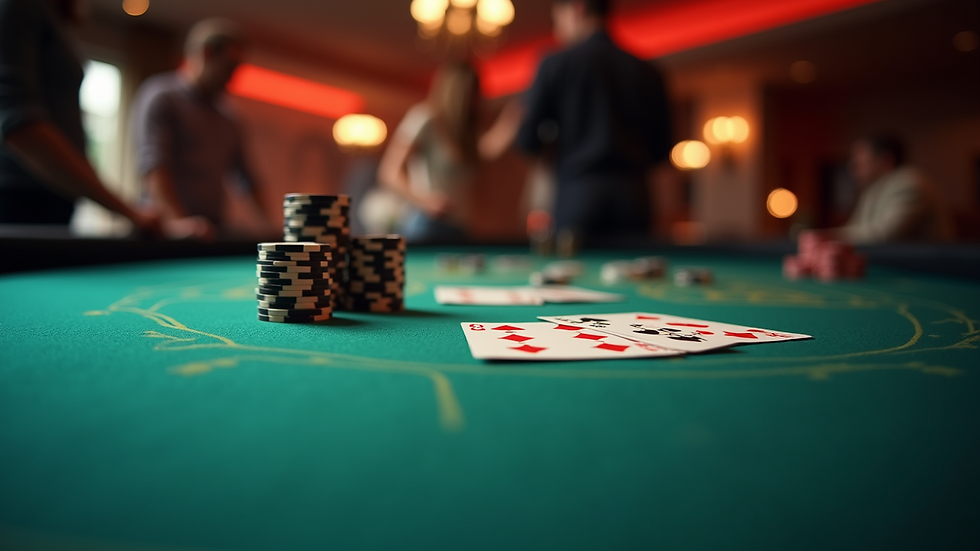 Eye-level view of baccarat table with cards and chips