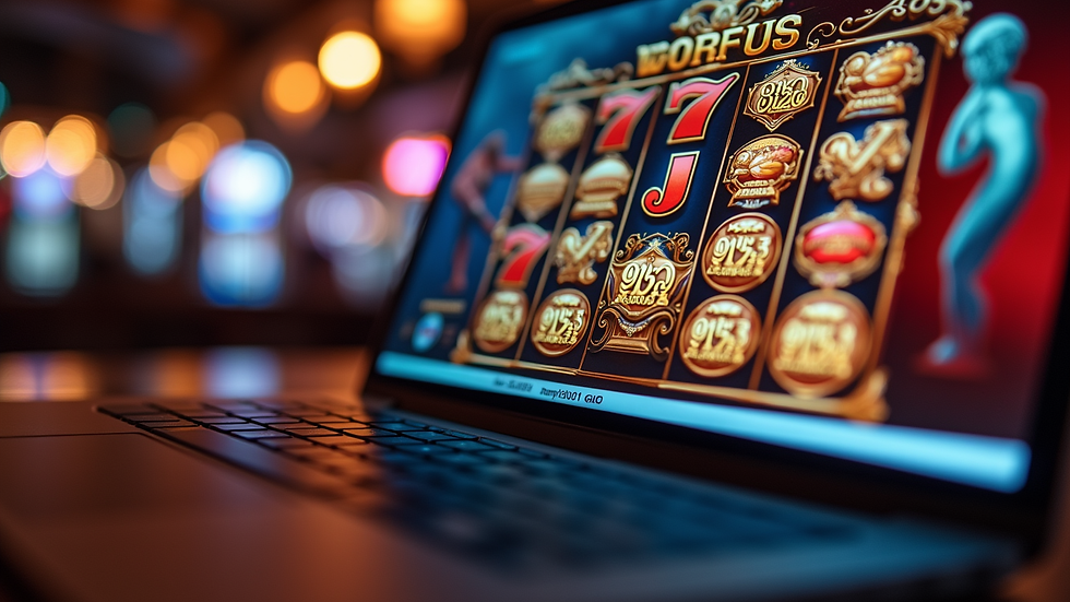 Eye-level view of a laptop screen showing an online slot game interface