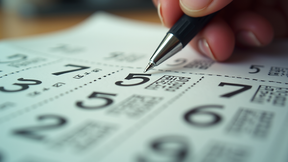 Eye-level view of lottery ticket with numbers and pen