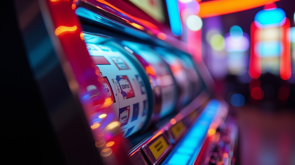 Eye-level view of a colorful slot machine with spinning reels