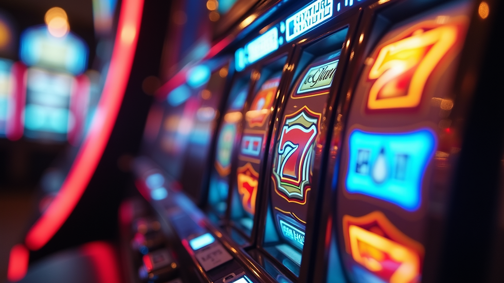Eye-level view of slot machine reels with colorful symbols