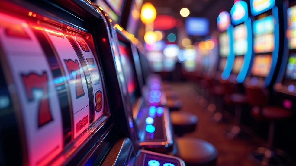 Eye-level view of slot machine reels spinning in a casino