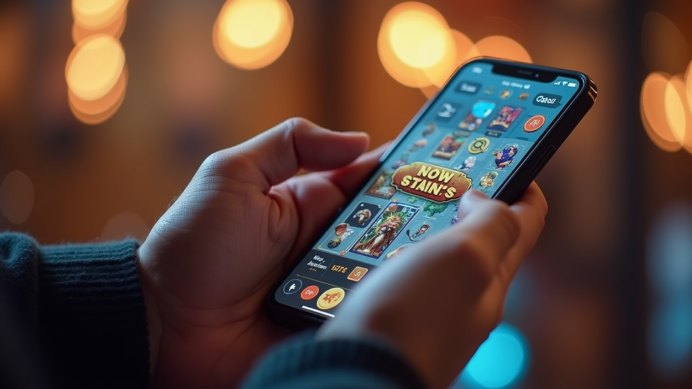 Close-up view of a hand holding a smartphone displaying a slot game