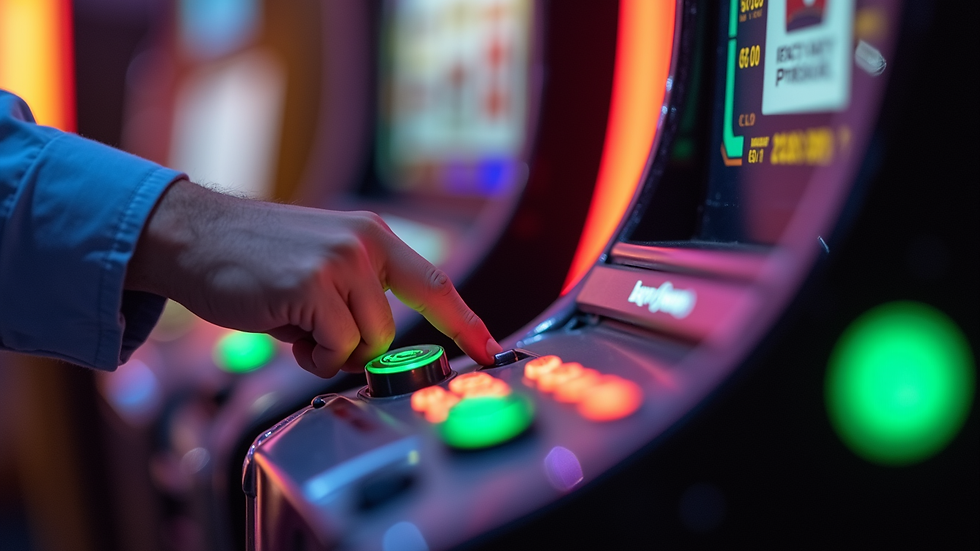Close-up view of a hand pressing the spin button on a slot machine
