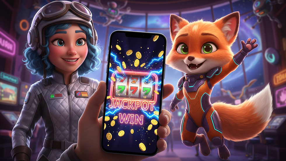 Close-up view of a hand holding a smartphone showing a slot game with jackpot win