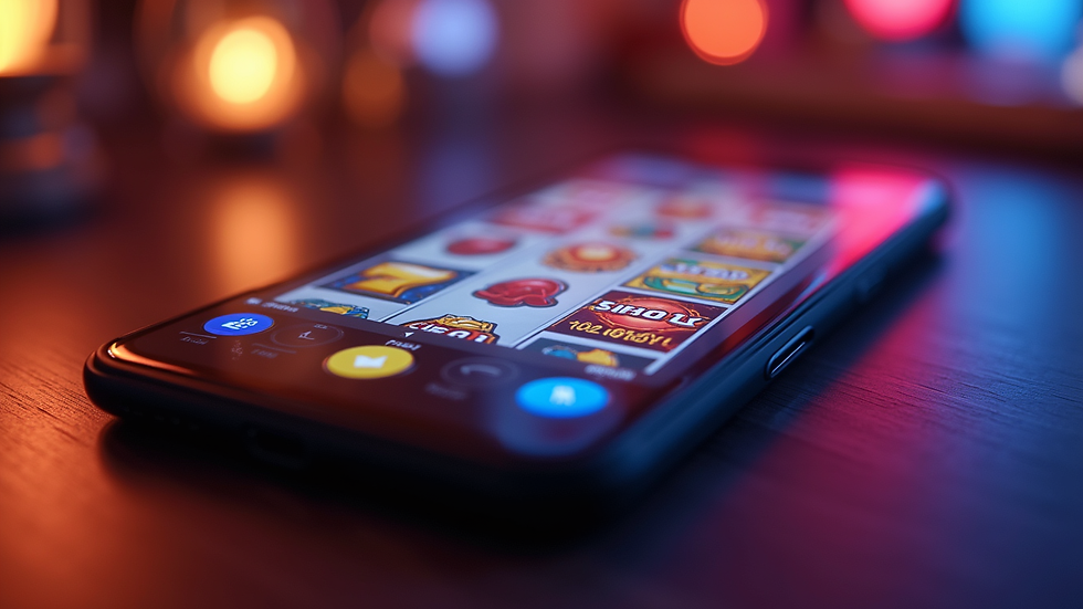 Close-up view of a smartphone displaying a slot game with colorful reels