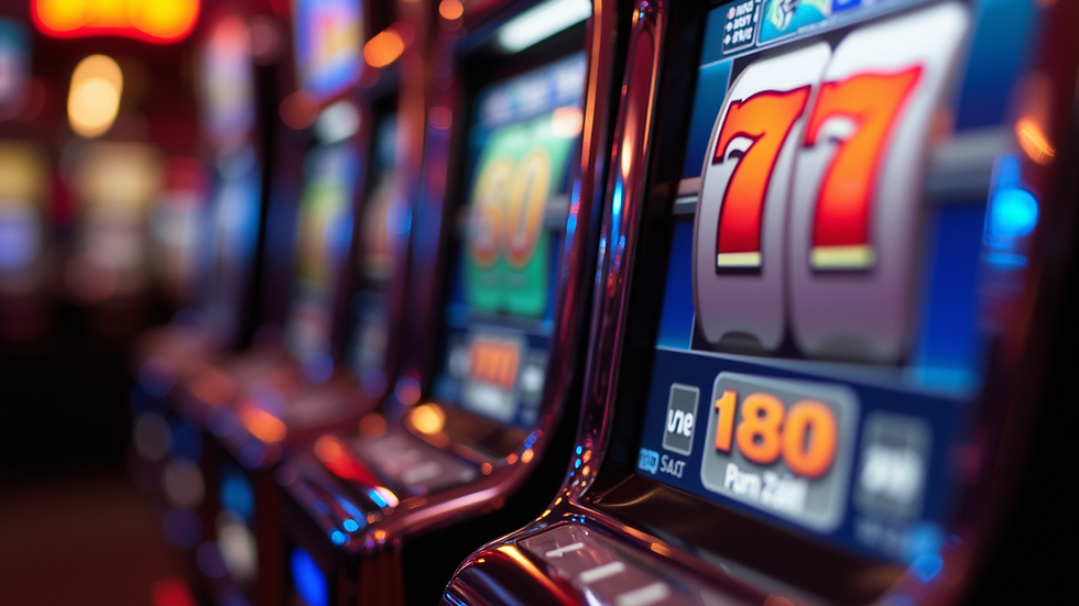 Eye-level view of a slot machine with colorful reels
