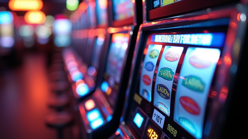 Eye-level view of colorful slot machine reels spinning