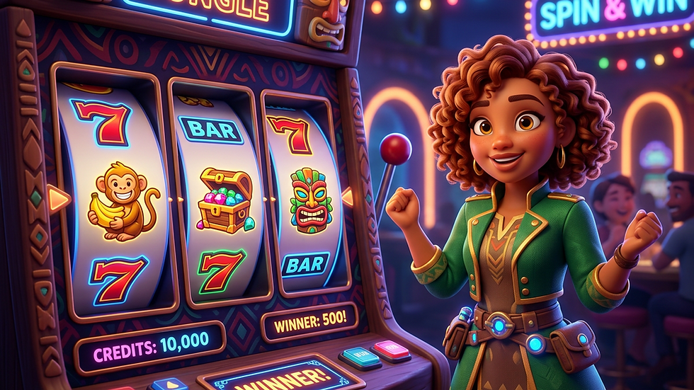 Eye-level view of slot machine reels with colorful symbols