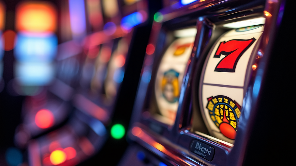 Close-up view of a slot machine with colorful symbols and jackpot lights