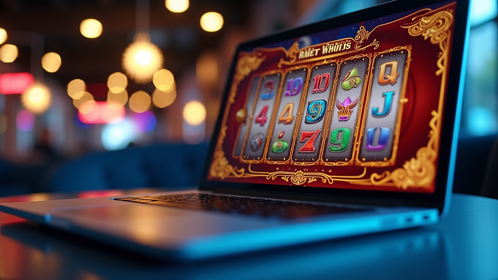 Eye-level view of a laptop screen showing an online slot game interface