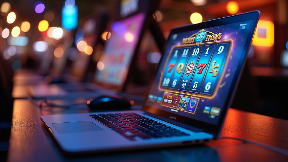 High angle view of a laptop displaying an online slot game interface