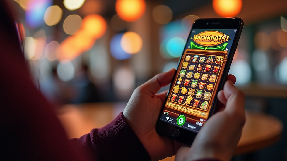 Close-up view of a hand holding a smartphone showing a slot game with jackpot notification