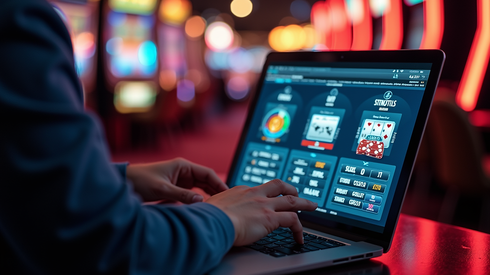 High angle view of a player analyzing slot game statistics on a laptop