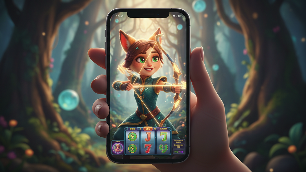 Close-up view of hand holding smartphone showing slot game