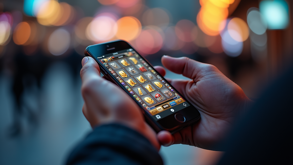 Close-up view of hand holding smartphone showing slot game interface