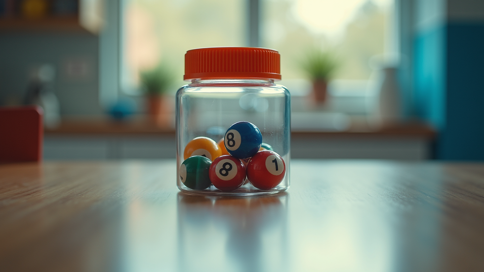 Eye-level view of lottery balls in a transparent container
