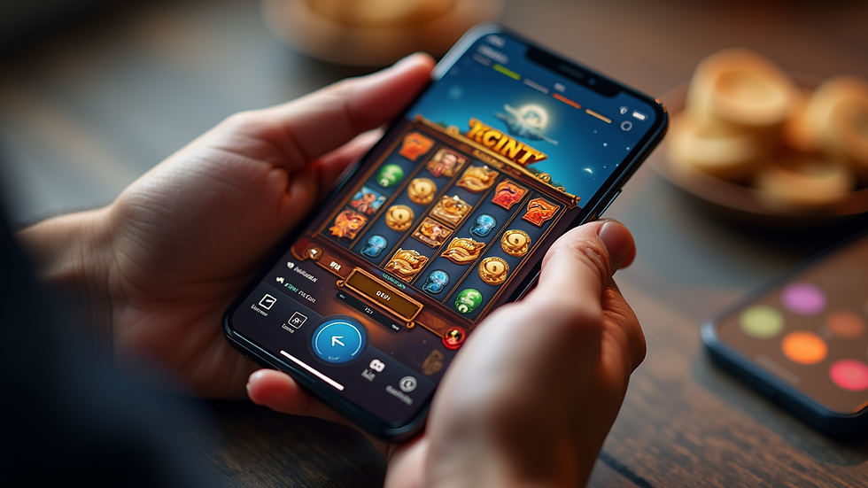 Close-up view of a hand holding a smartphone showing a slot game with bonus features