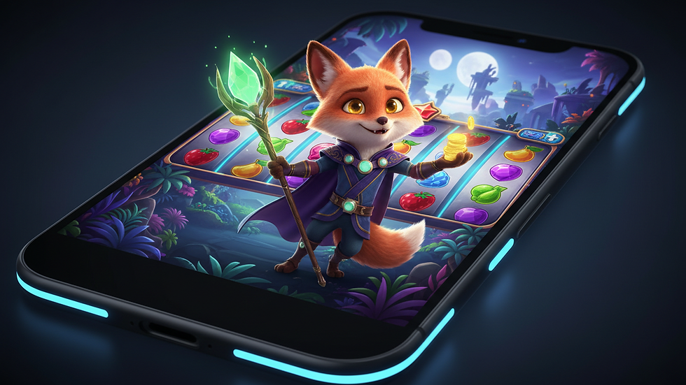 Close-up view of a smartphone displaying a slot game with colorful reels