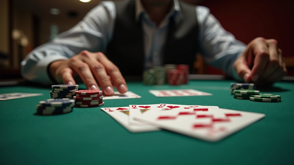 Eye-level view of poker table with cards and chips