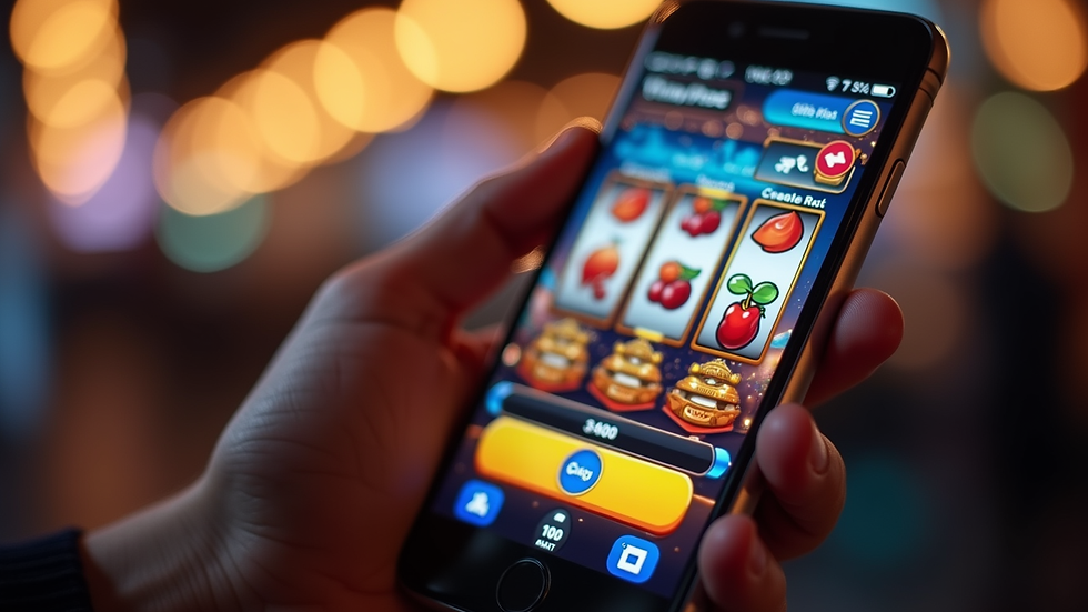 Close-up view of hand holding smartphone showing slot game interface