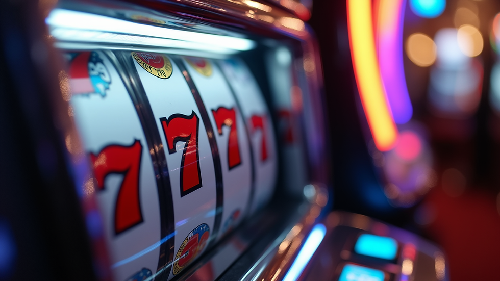 Eye-level view of slot machine reels with colorful symbols