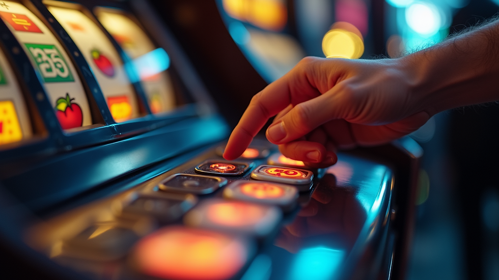 Close-up view of a hand pressing a button on a slot machine