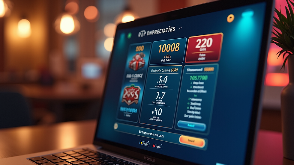 Eye-level view of a laptop screen displaying slot game RTP statistics