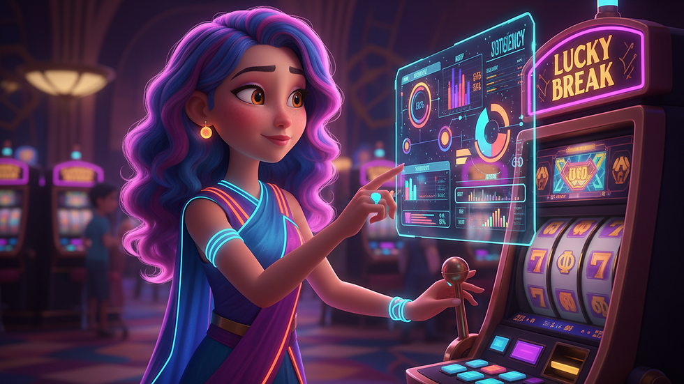 Eye-level view of a player analyzing slot machine statistics