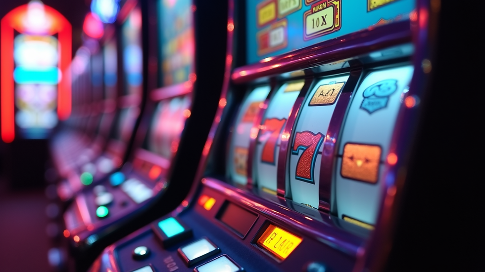 Eye-level view of a slot machine screen showing colorful reels