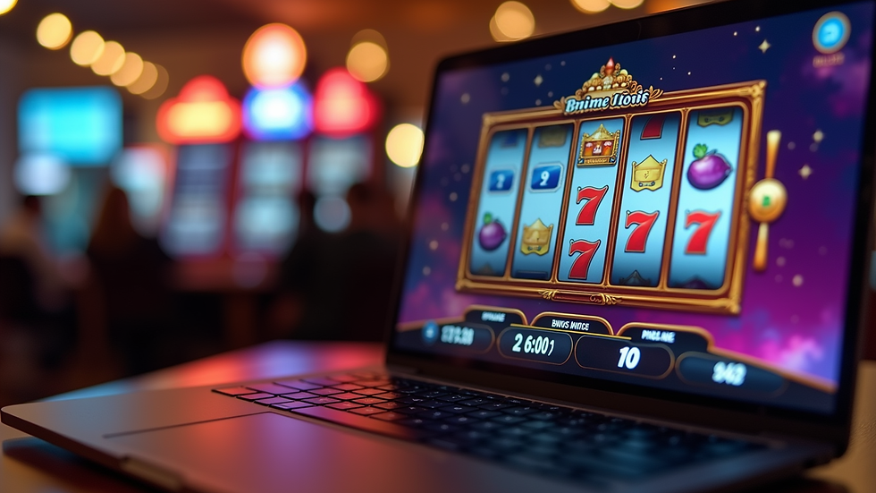 Close-up view of a laptop screen showing an online slot game interface