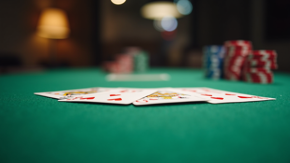 Eye-level view of poker chips and cards on a green felt table